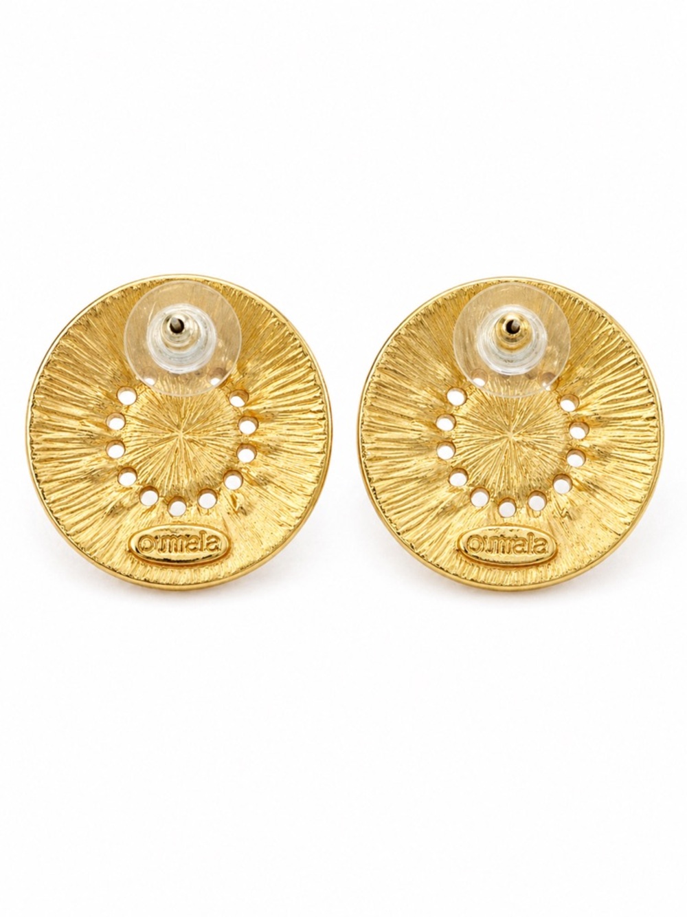 Vintage Style Gold Tone Statement Earrings Red Blue Cabochon Medallion Stud - Picture 5 of 7